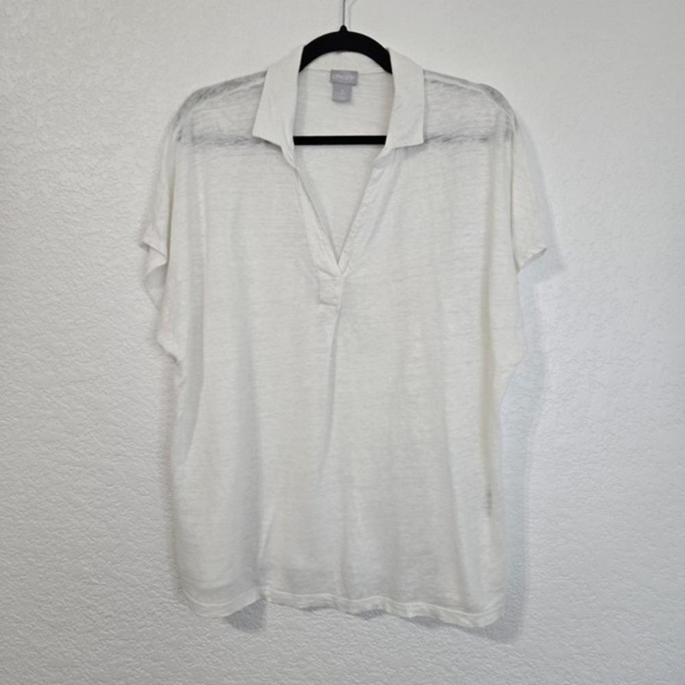 Chico's L White Linen Blend V-Neck‎ Collar Short Sleeve Relaxed Fit Top Size 2